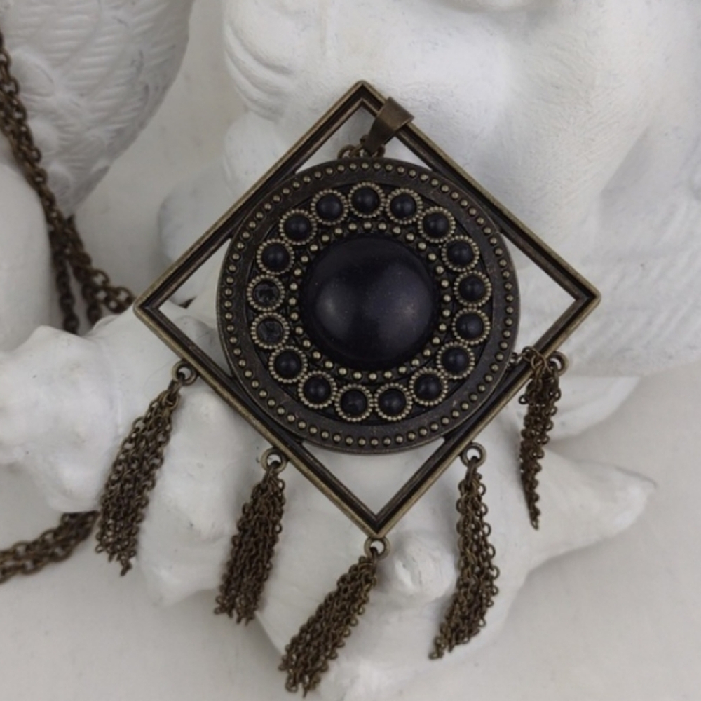 Vintage-Inspired Bronze Pendant Necklace Deep Black Stone & Bronze Chain Fringe